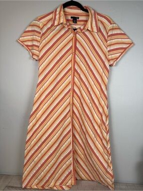 🍊H&M Creamsicle Orange White Chevron Striped Shirt Dress Button Front Size 14